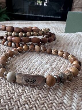 Love Beaded Stack Bracelet Set - Natural Brown Stone and Metal Accents